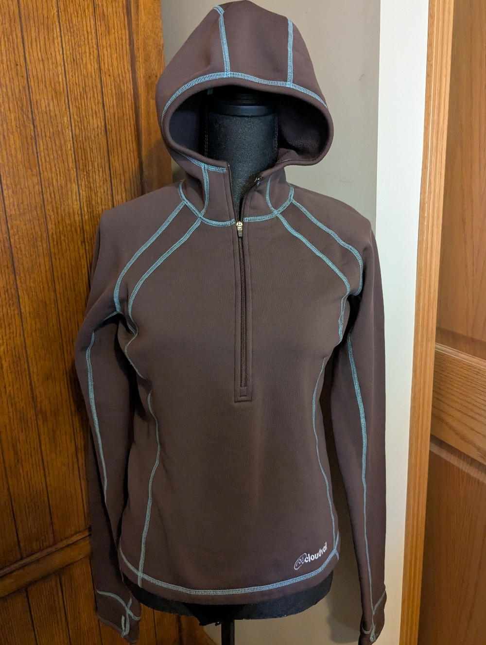 CLOUDVEIL Half-Zip Warm Hoodie, Chocolate & Aqua, Sz M, EUC!!!